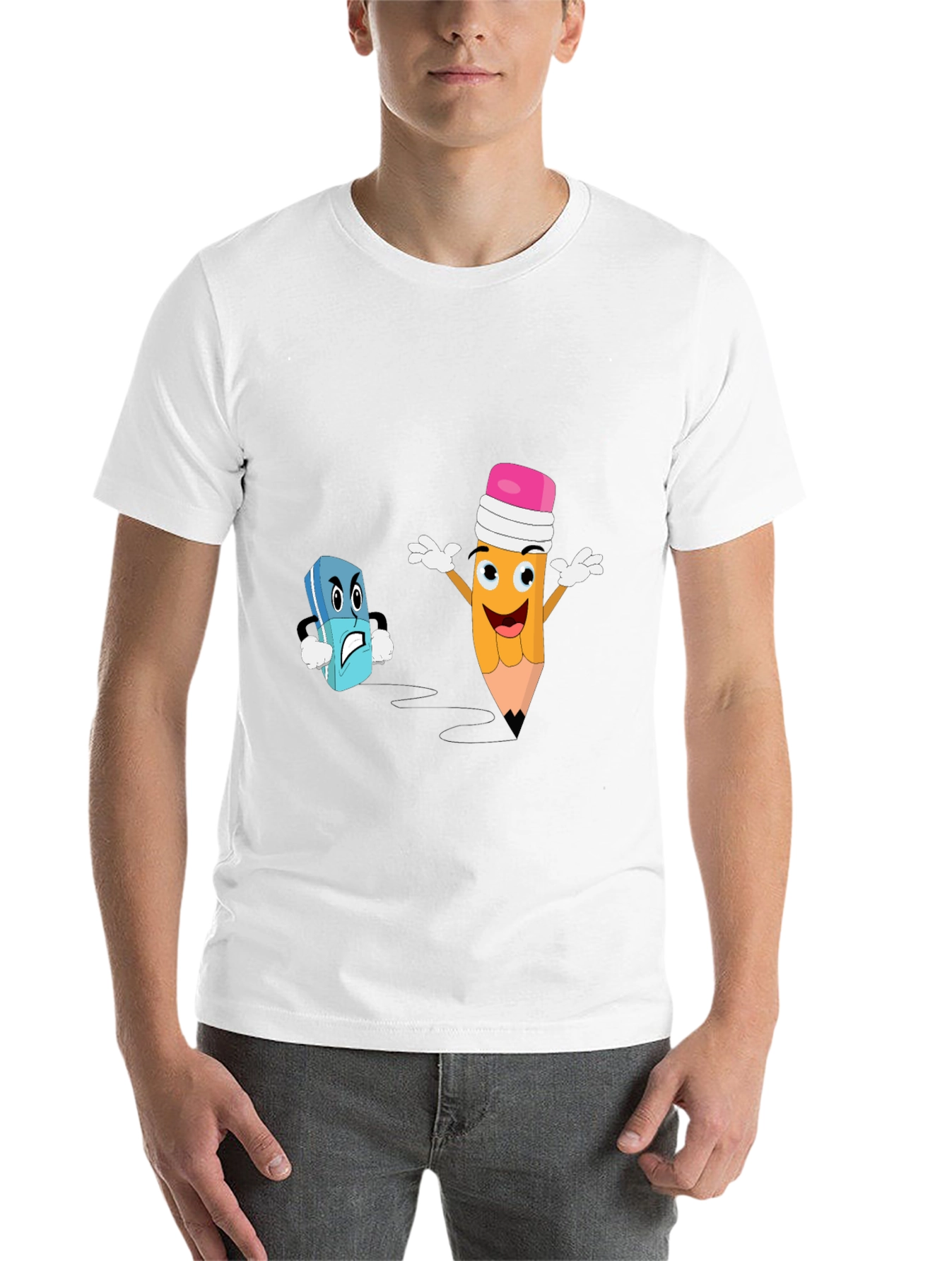 Black Funny Pencil vs Eraser Cartoon Black T-Shirt view 14
