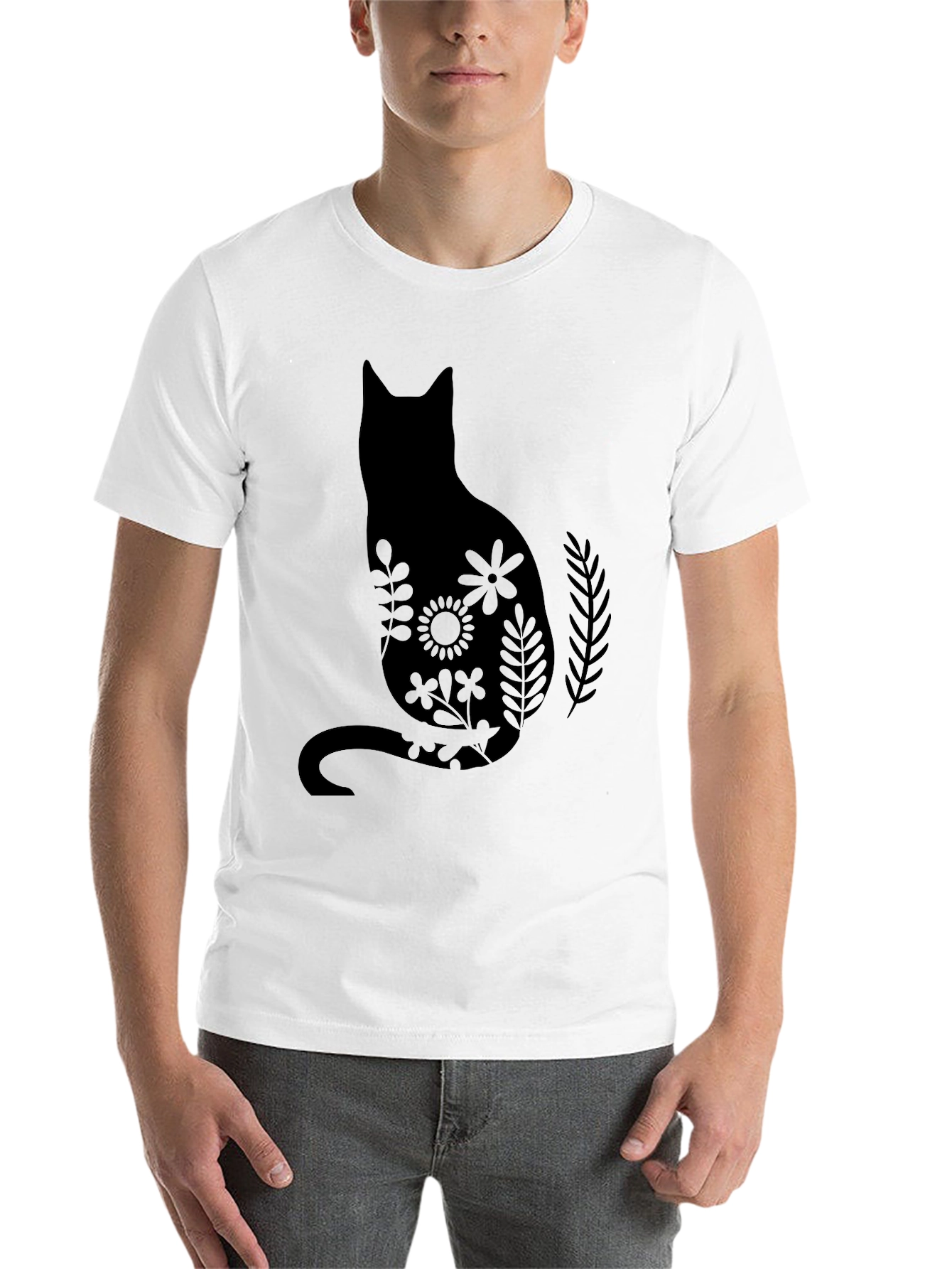 Black Floral Cat Silhouette Black T-Shirt view 14