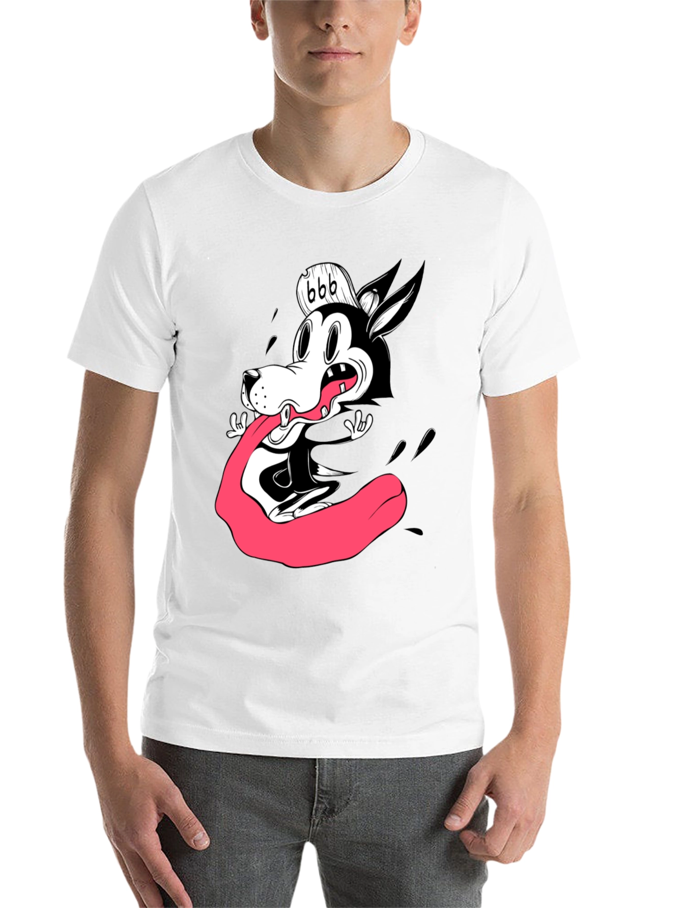 Black Cartoon Wolf Graphic Tee - Black Cotton T-Shirt view 14