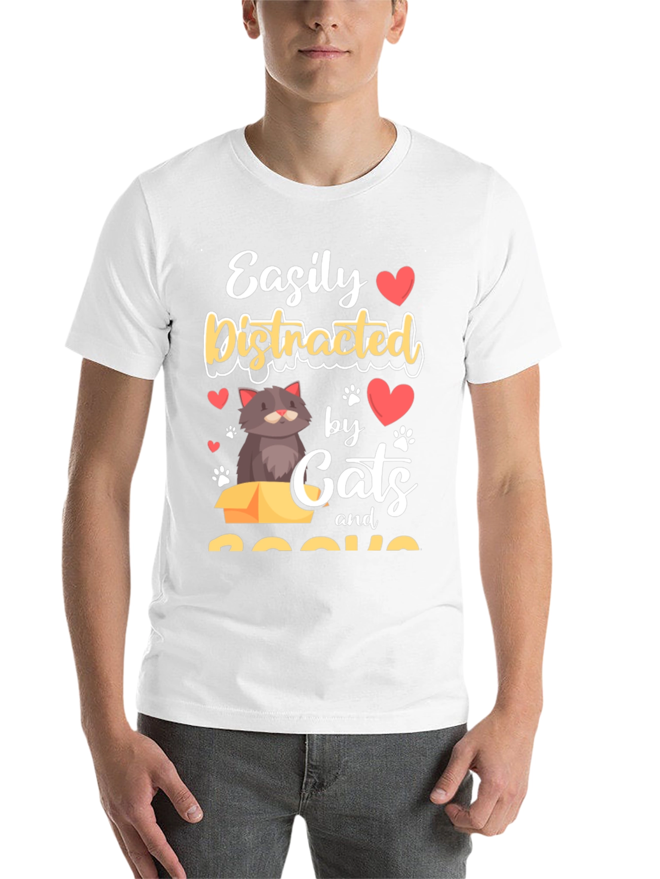 Black Easily Distracted by Cats and Books T-Shirt view 14