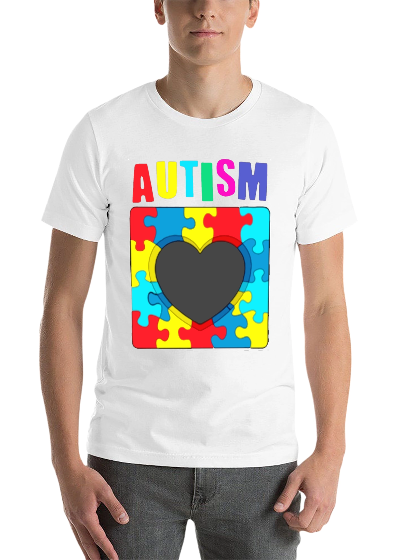 Black Autism Awareness Puzzle Heart T-Shirt view 14