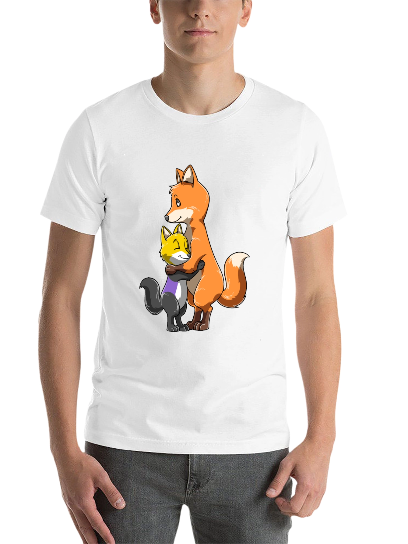 Black Fox Hug T-Shirt - Cute Cartoon Animal Graphic Tee view 14