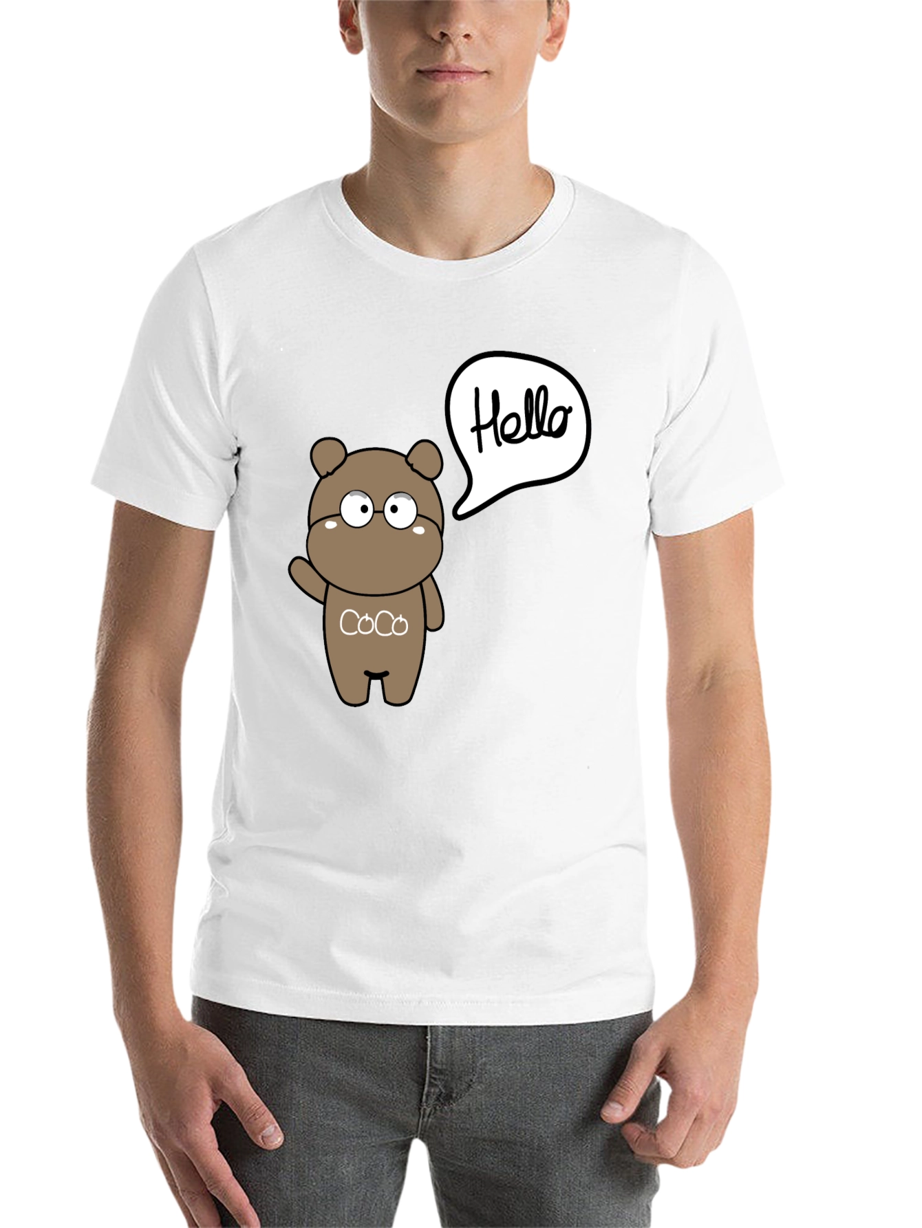 Black Cute Cartoon Bear Hello Graphic Black T-Shirt view 14