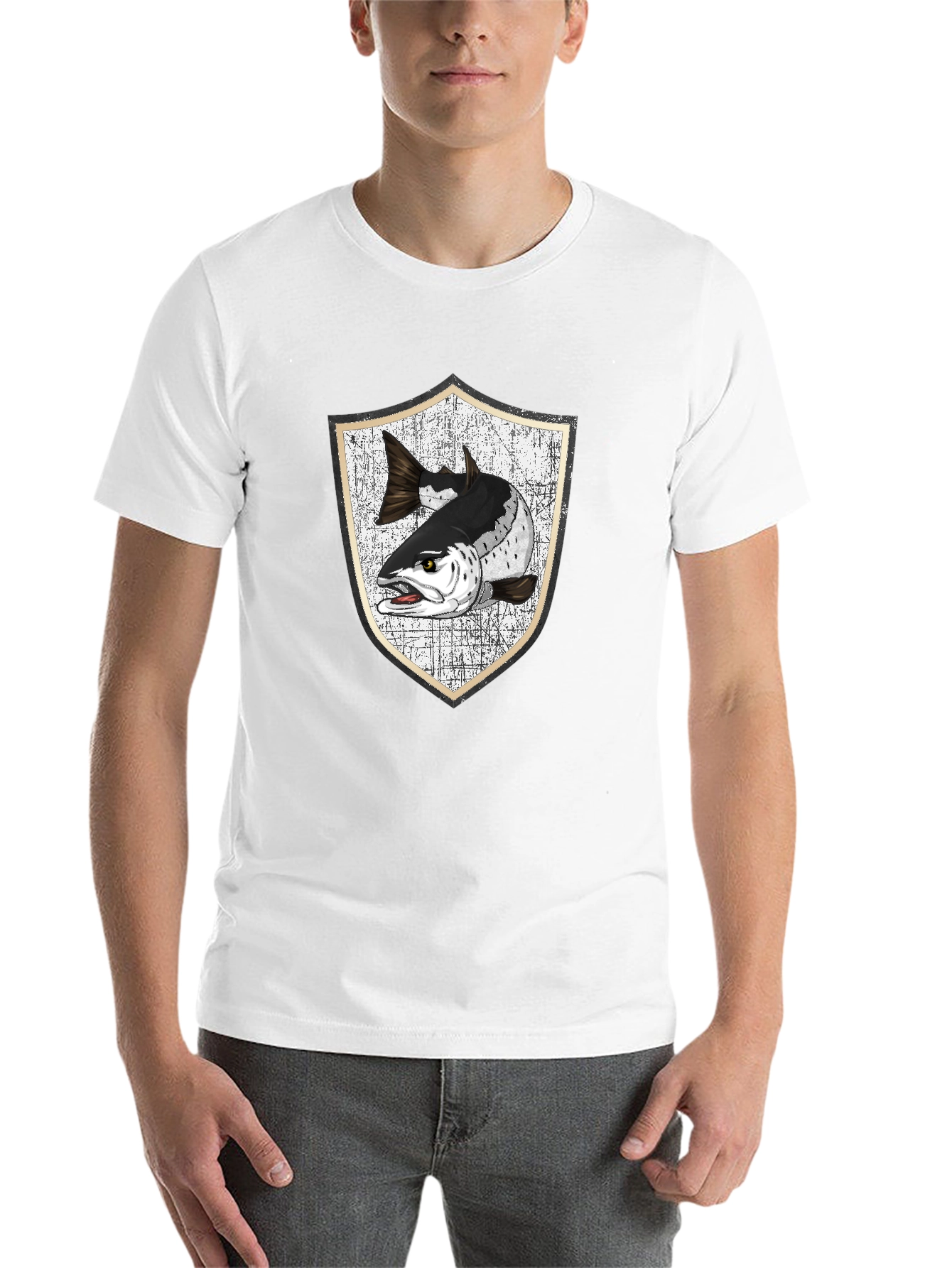 Men's Black T-Shirt with Fish Crest Graphic - 14