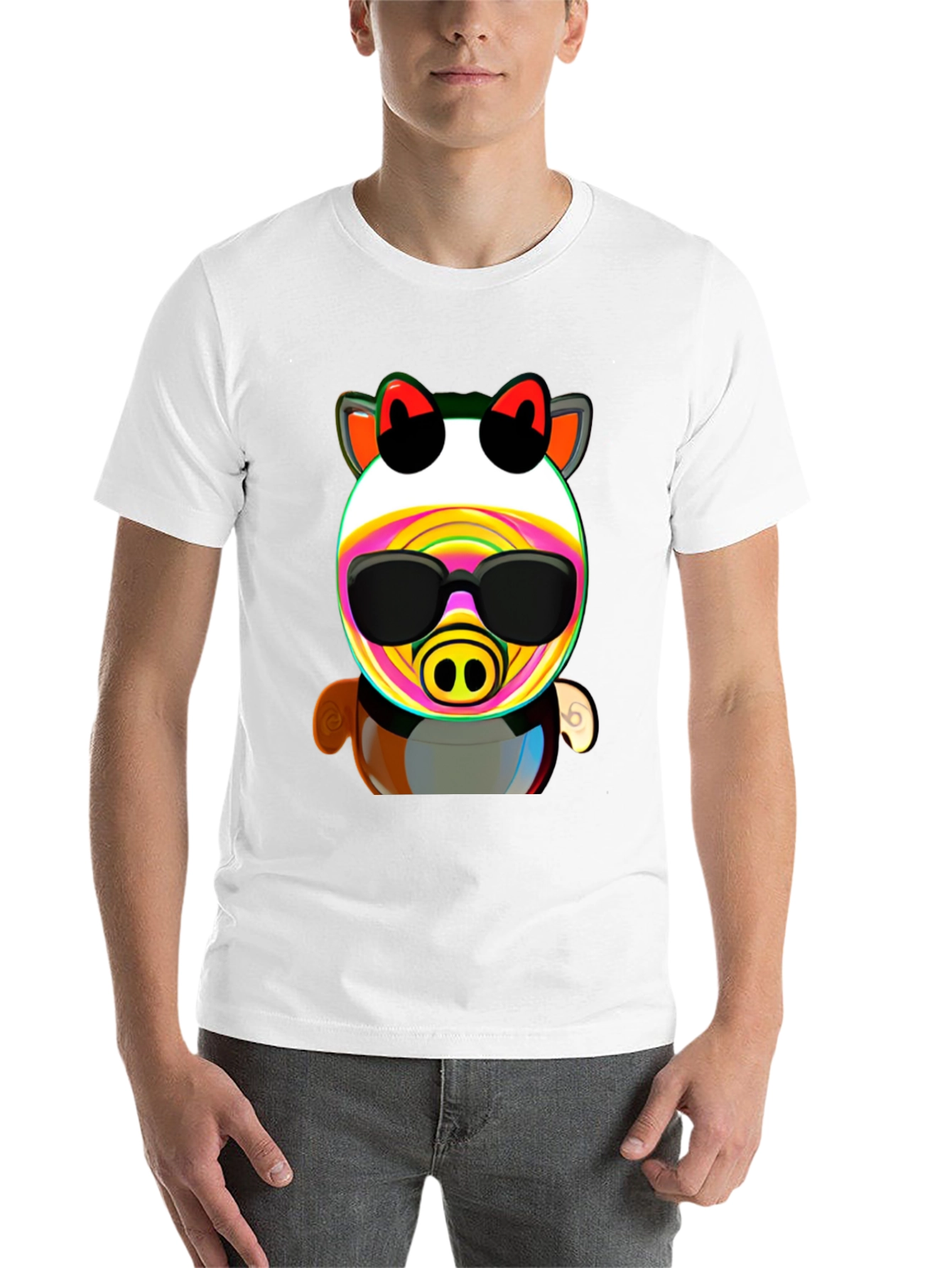 Black Cartoon Pig in Sunglasses Graphic Tee - Black view 14