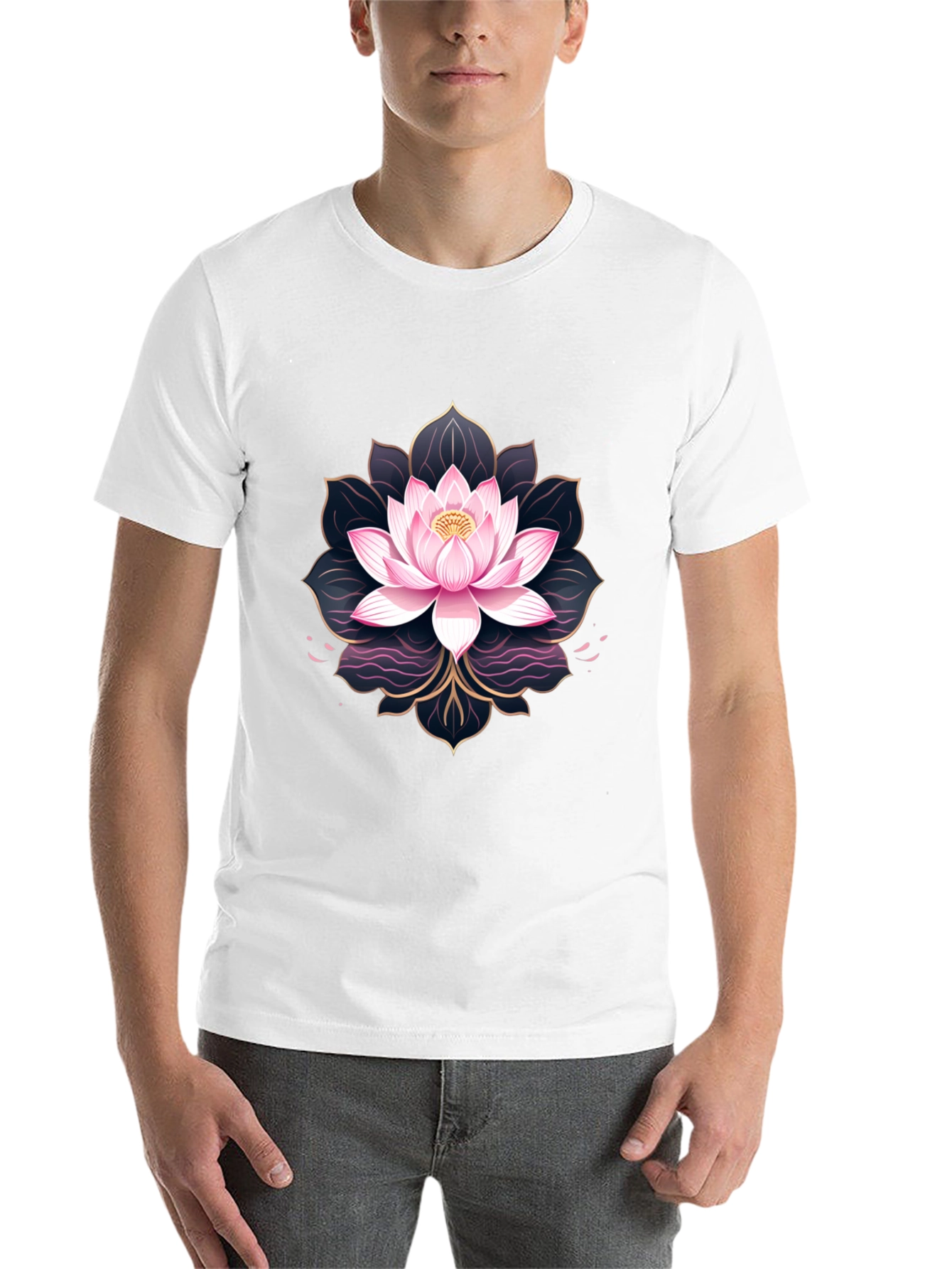 Black Lotus Flower Graphic Print Men's Black T-Shirt view 14