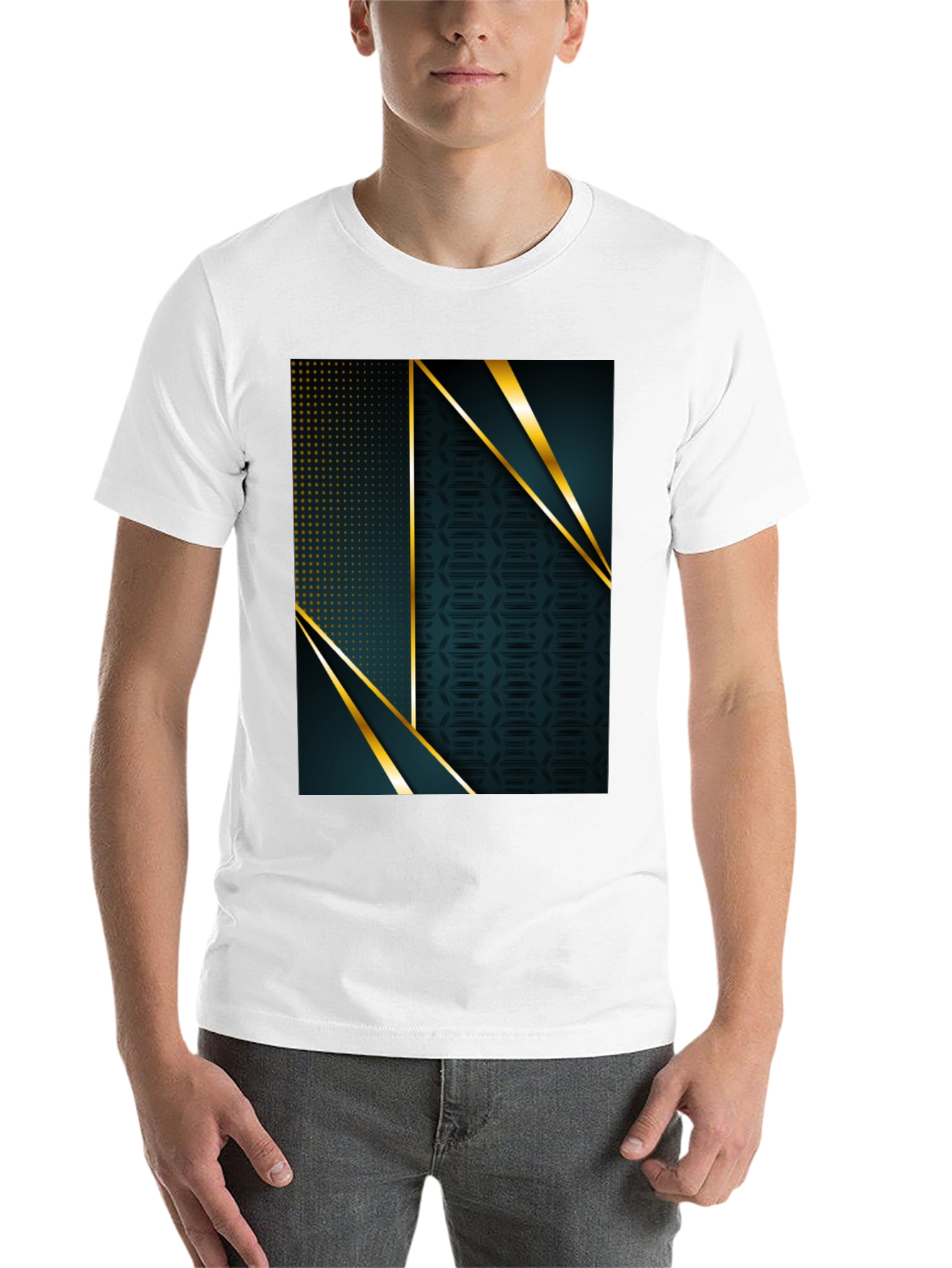 Black Stylish Geometric Gold Accent Black T-Shirt view 14