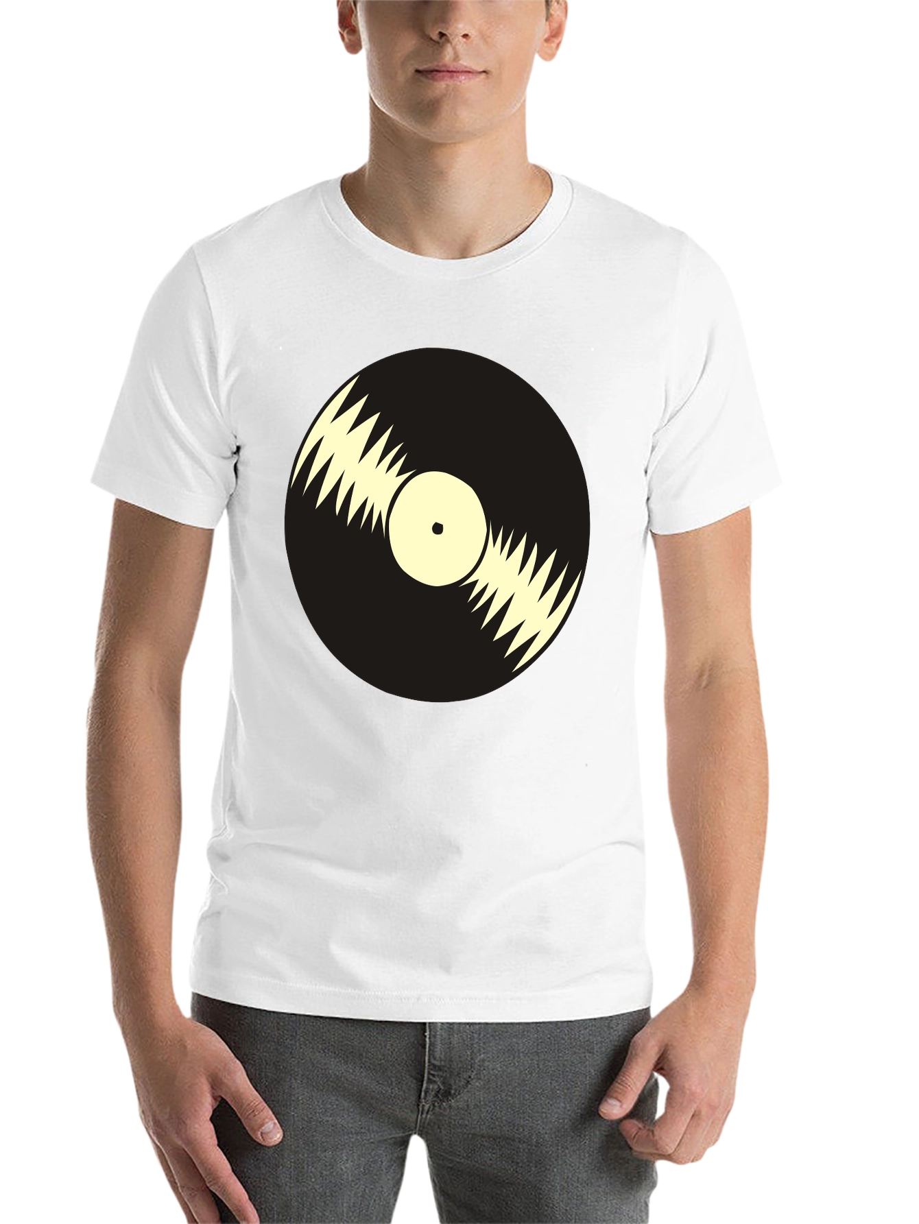Black Retro Vinyl Record Graphic Tee - Black Cotton T-Shirt view 14