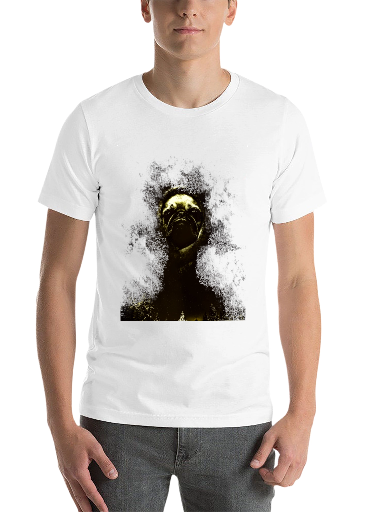 Black Pug in the Woods Black T-Shirt view 14