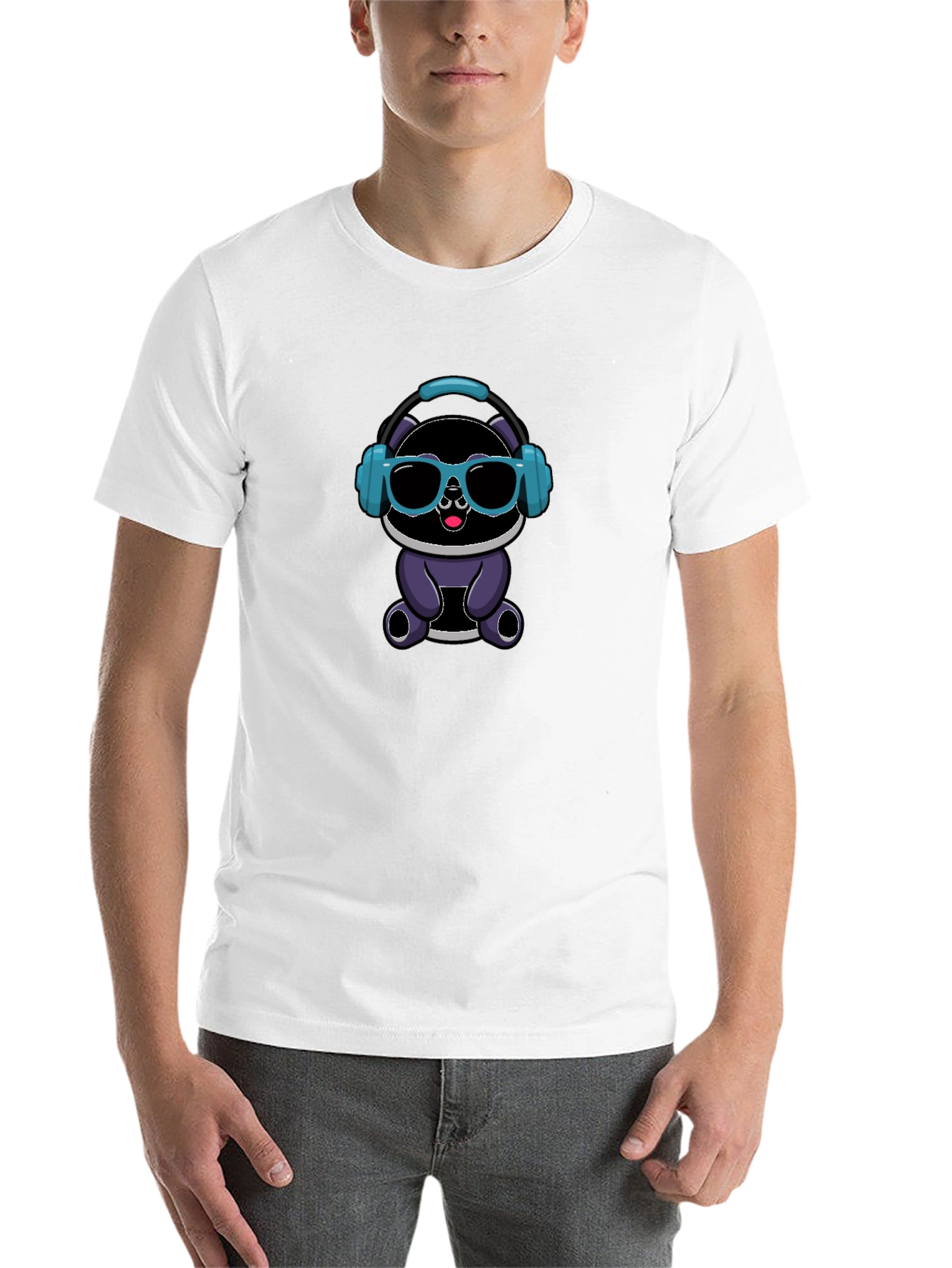Black Cool Cartoon Panda with Headphones Black T-Shirt view 14
