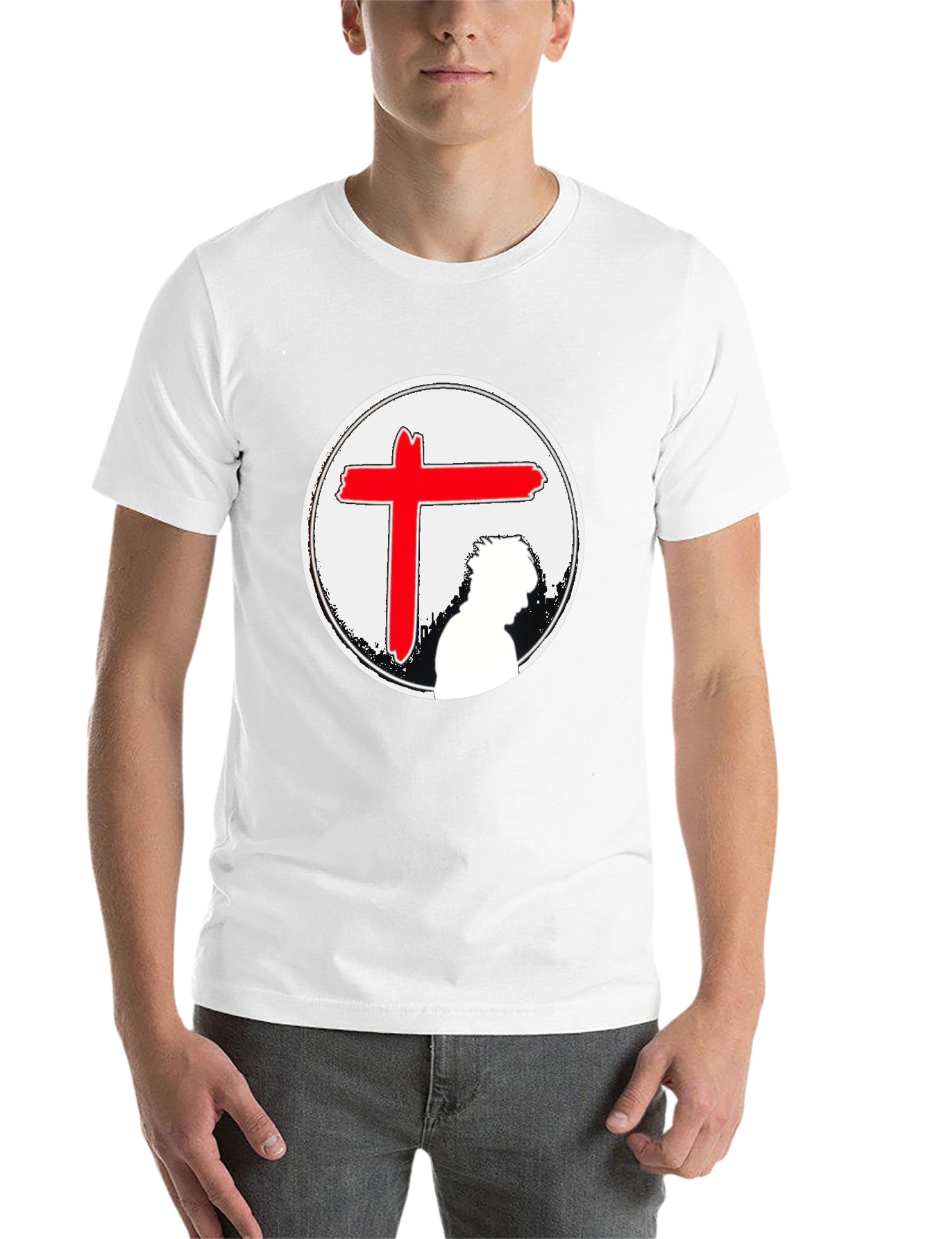 Black Graphic Tee with Red Cross & Figure view 14