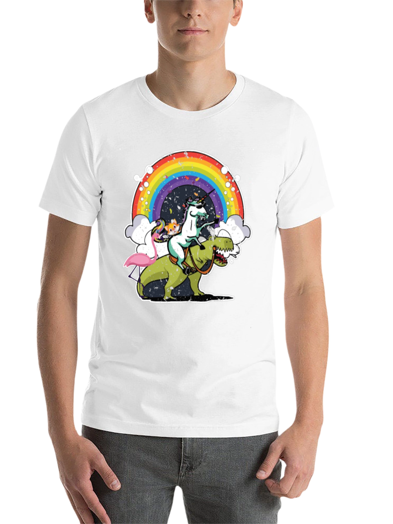 Black Unicorn Riding Dino T-Shirt Rainbow Funny Novelty Tee view 14