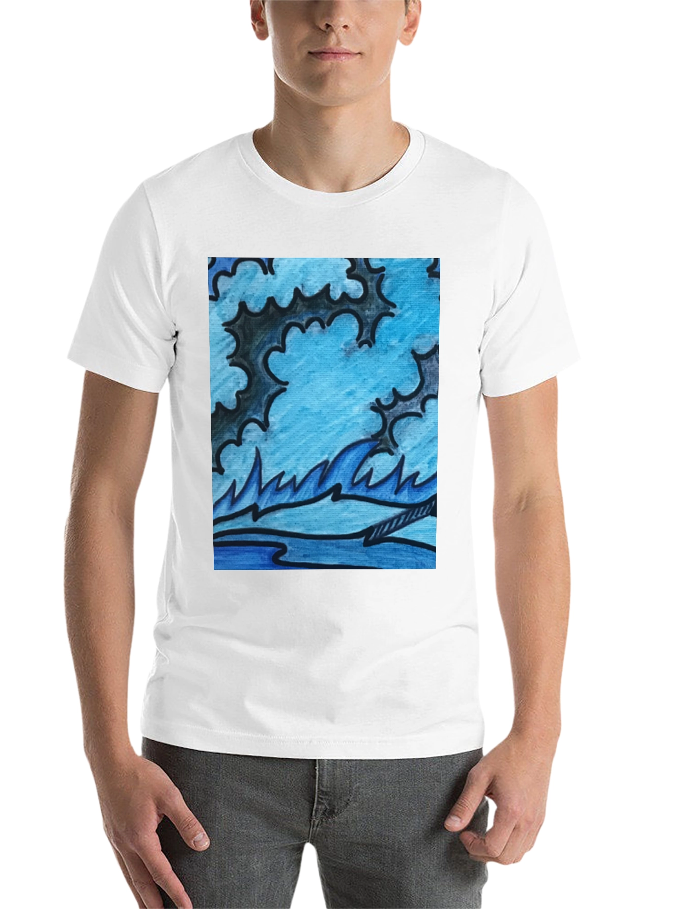 Black Abstract Blue Wave Graphic Black T-Shirt view 14