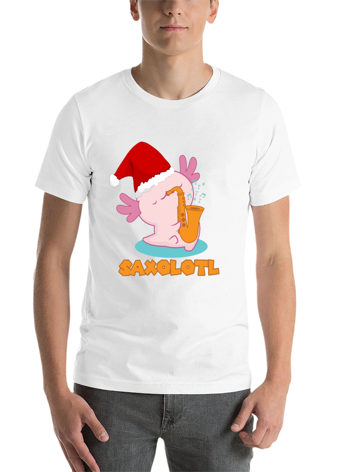 Black Saxolotl Santa Hat Christmas Black T-Shirt view 14