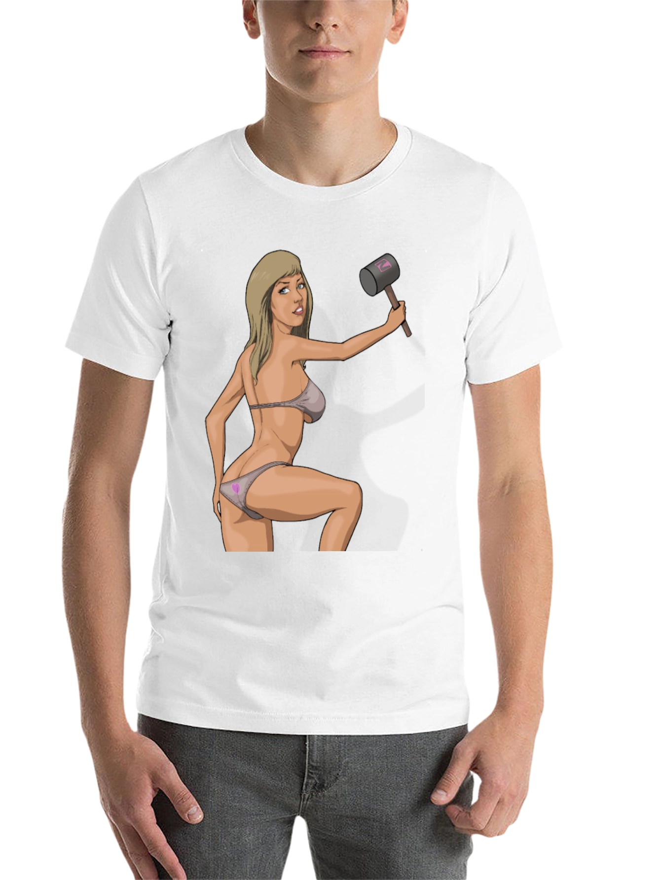 Black Humorous Graphic Tee - Sexy Woman with Hammer view 14