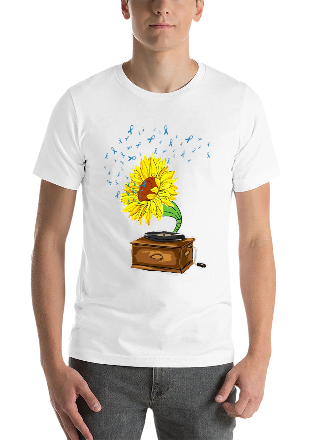 Black Sunflower Gramophone Tee - Awareness Ribbon Music Shirt view 14