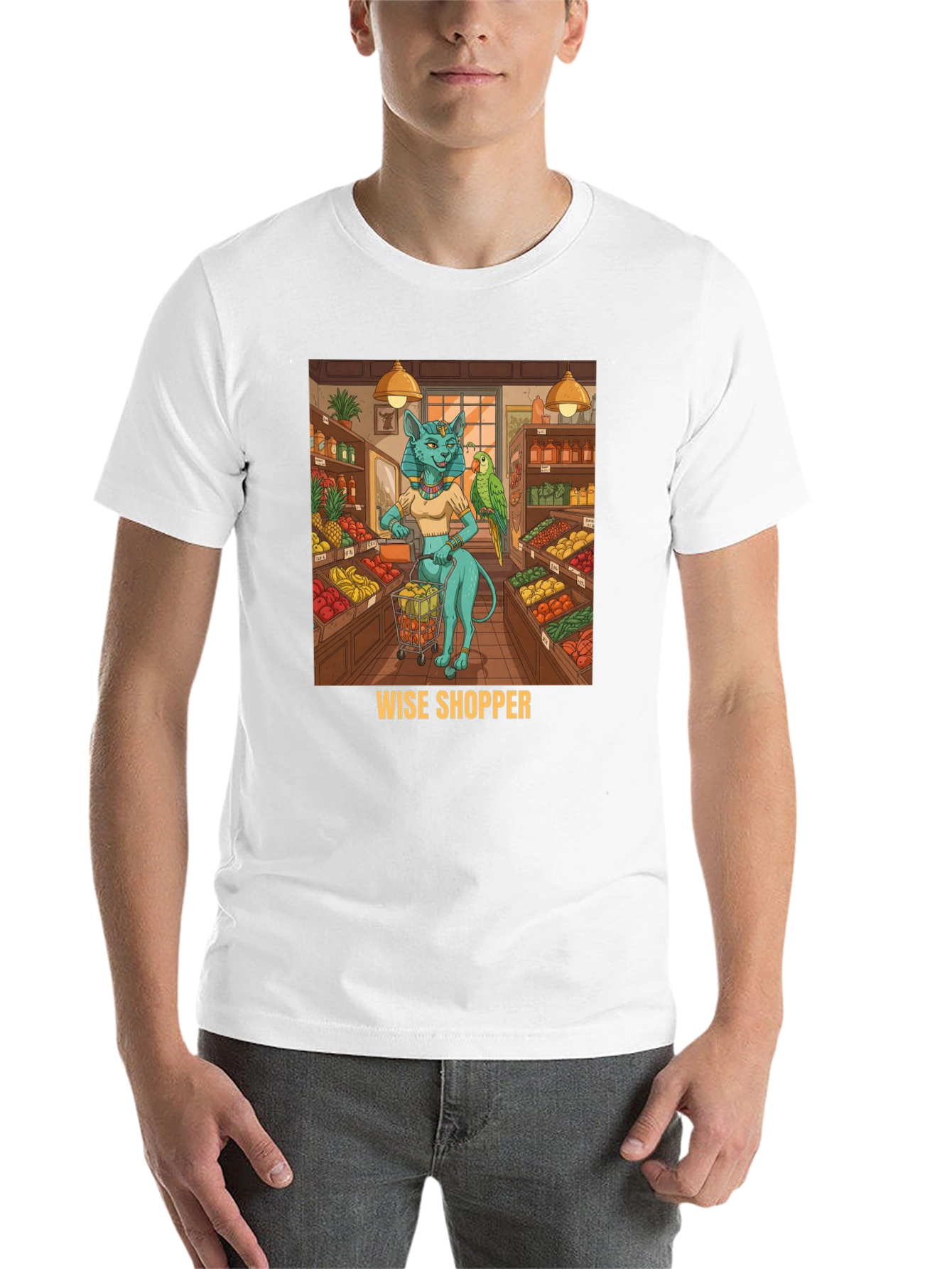 Black Wise Shopper T-Shirt, Cat Goddess, Fruit Market view 14