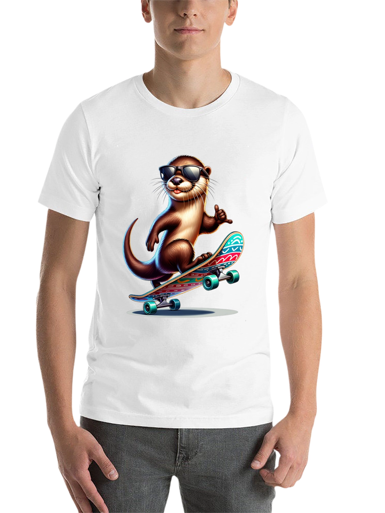 Black Cool Otter Skateboard T-Shirt - Black Cotton Tee view 14