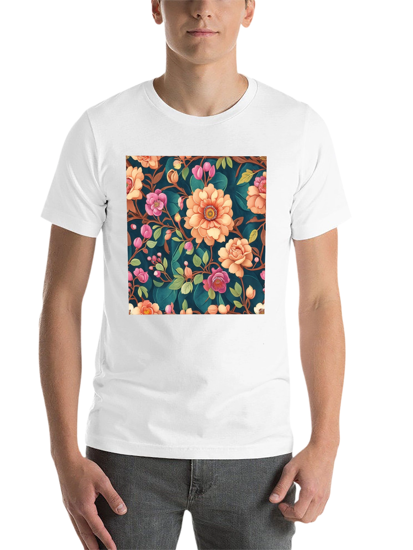 Black Floral Pattern Black T-Shirt: Stylish Print Tee view 14