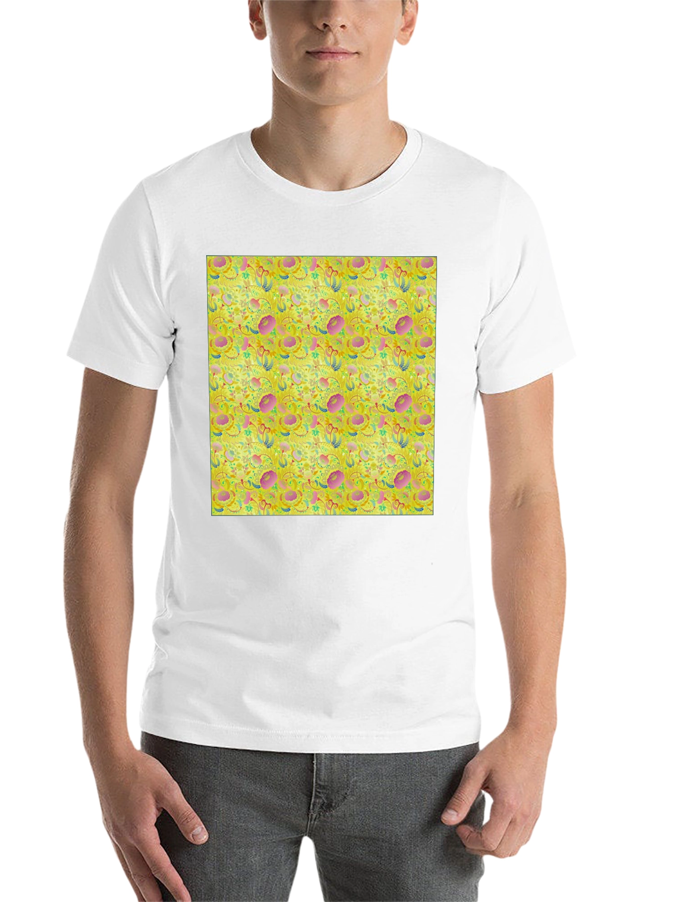 Black Floral Pattern T-Shirt - Funky Yellow Graphic Tee view 14