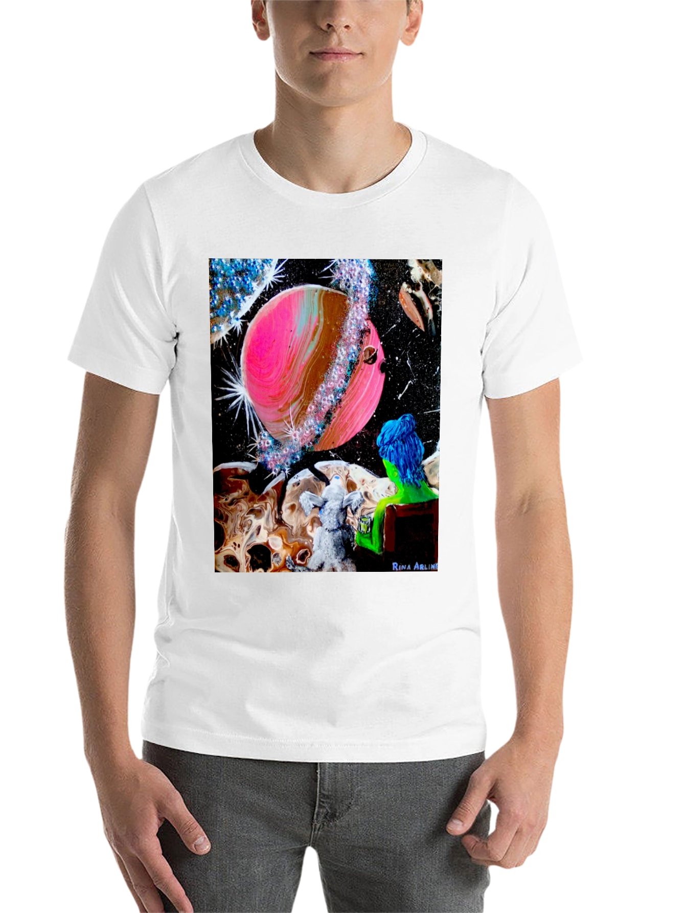Black Cosmic Dreamer T-Shirt: Pink Planet & Blue Haired Girl view 14