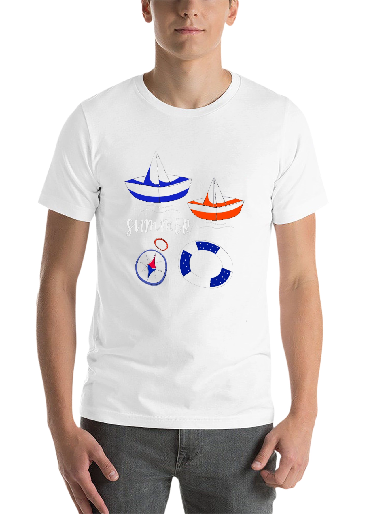 Summer Nautical T-Shirt: Sailboats, Compass, and Life Preserver - 14