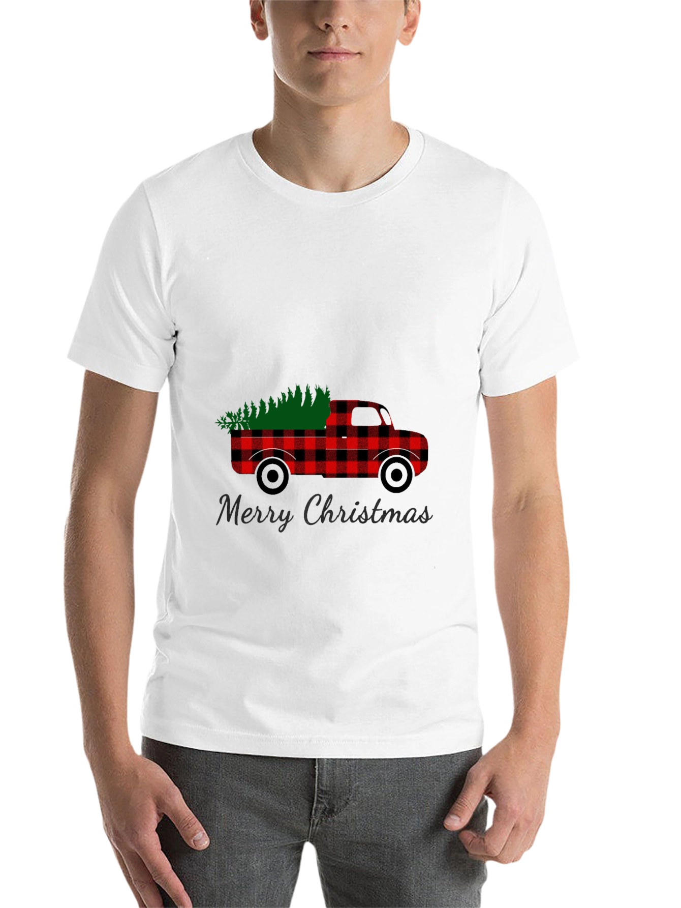 Black Merry Christmas Buffalo Plaid Truck T-Shirt view 14