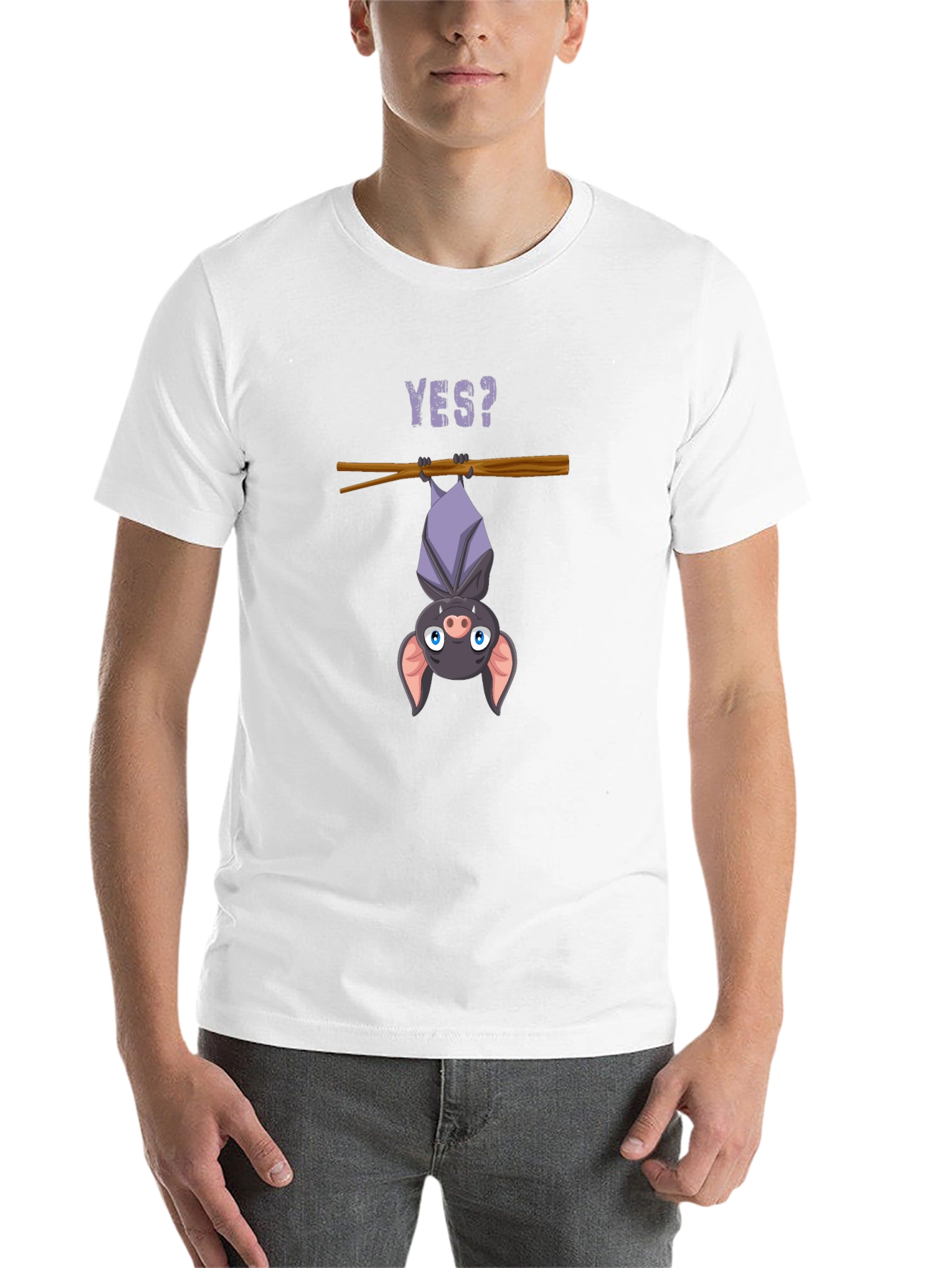 Black Cartoon Bat T-Shirt - Hanging Yes? Graphic Tee view 14