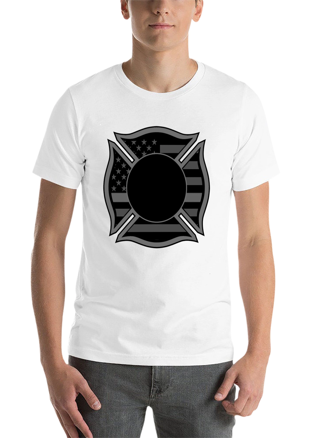 Black Firefighter Maltese Cross American Flag Graphic T-Shirt view 14