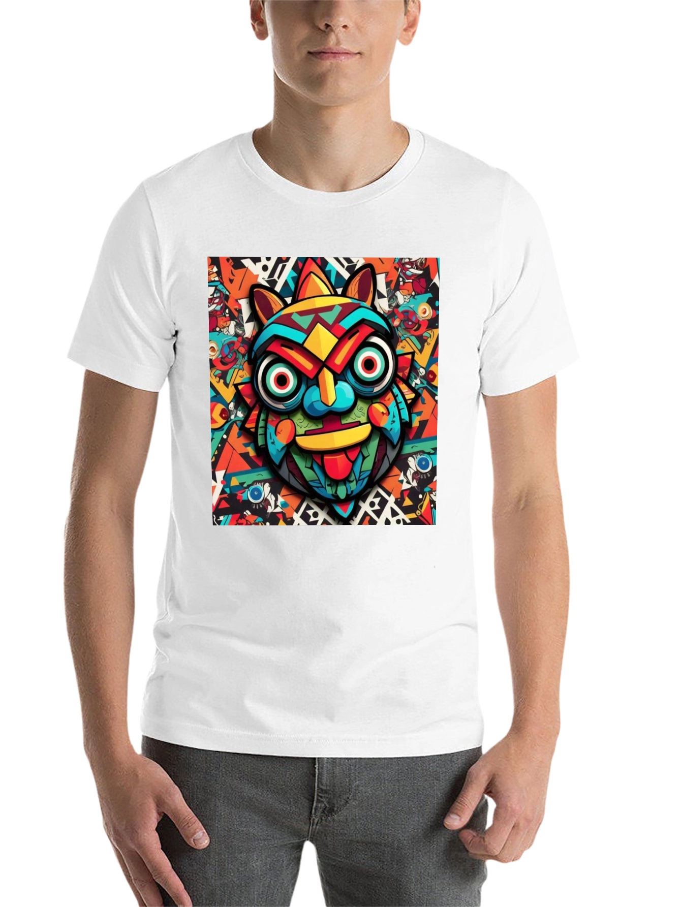 Black Bold Graphic Tee - Colorful Tribal Mask Design view 14