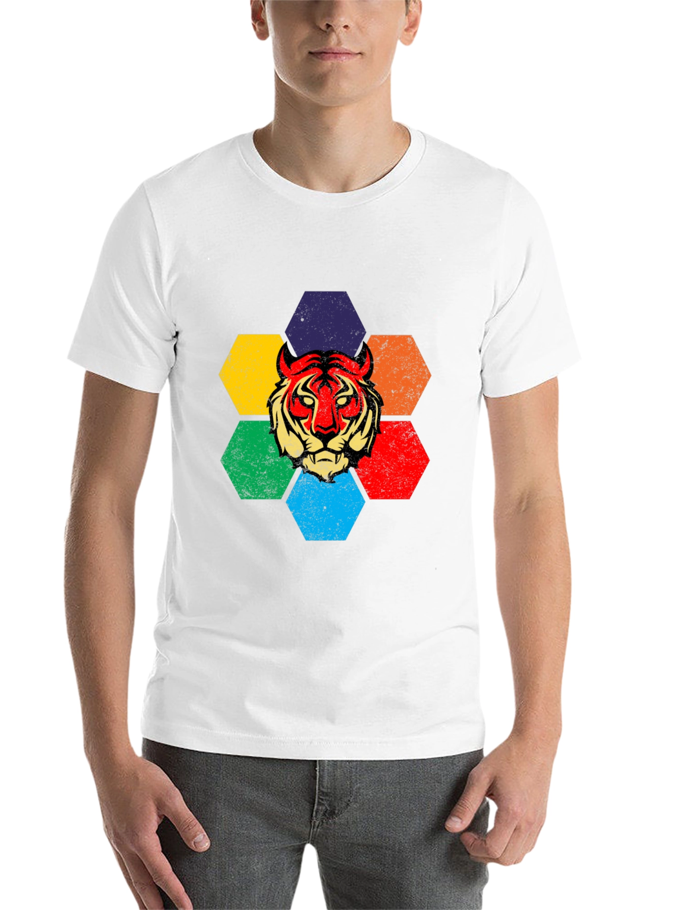 Black Retro Tiger Graphic Tee - Colorful Hexagon Design view 14