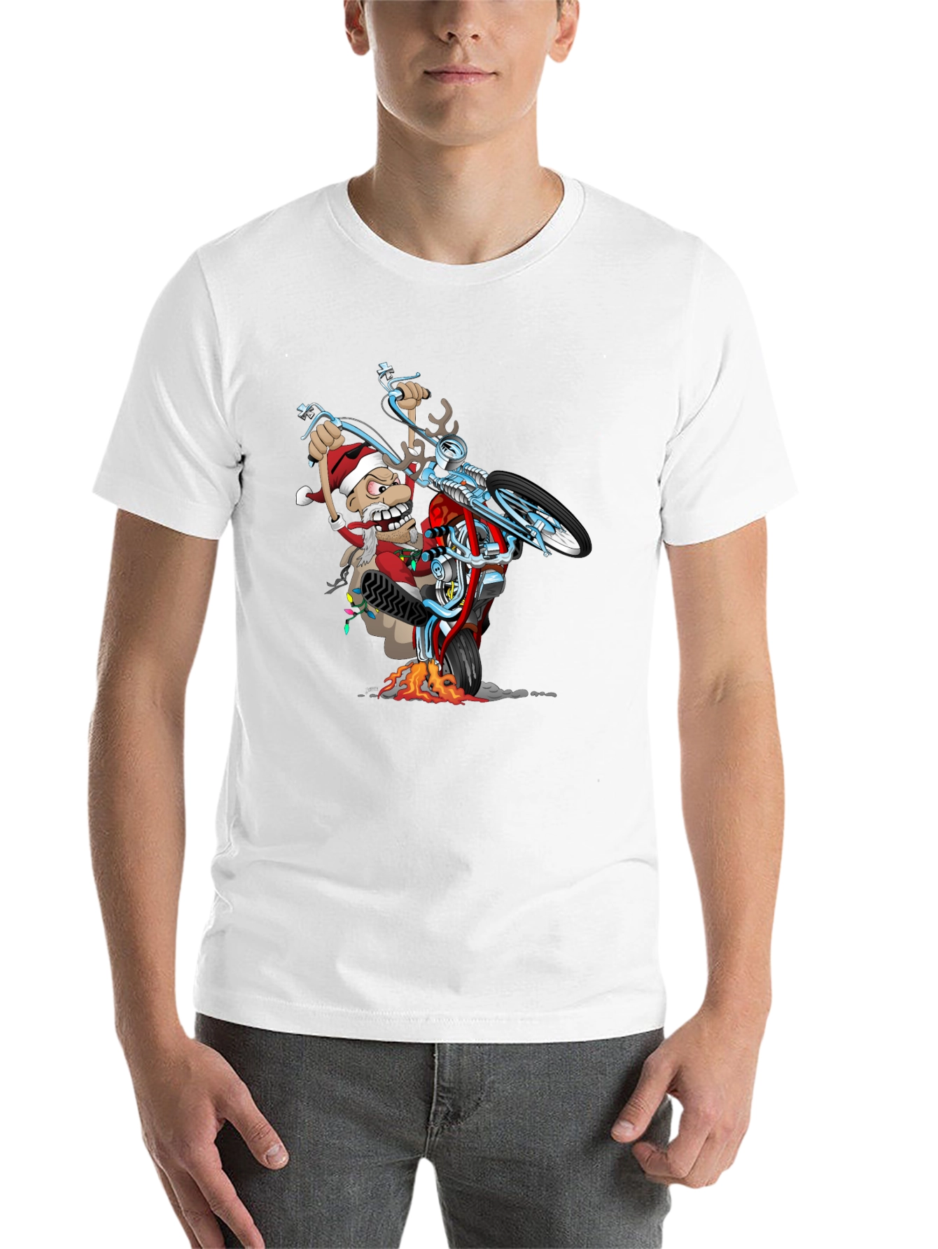 Black Santa Biker T-Shirt - Holiday Motorcycle Wheelie Tee view 14