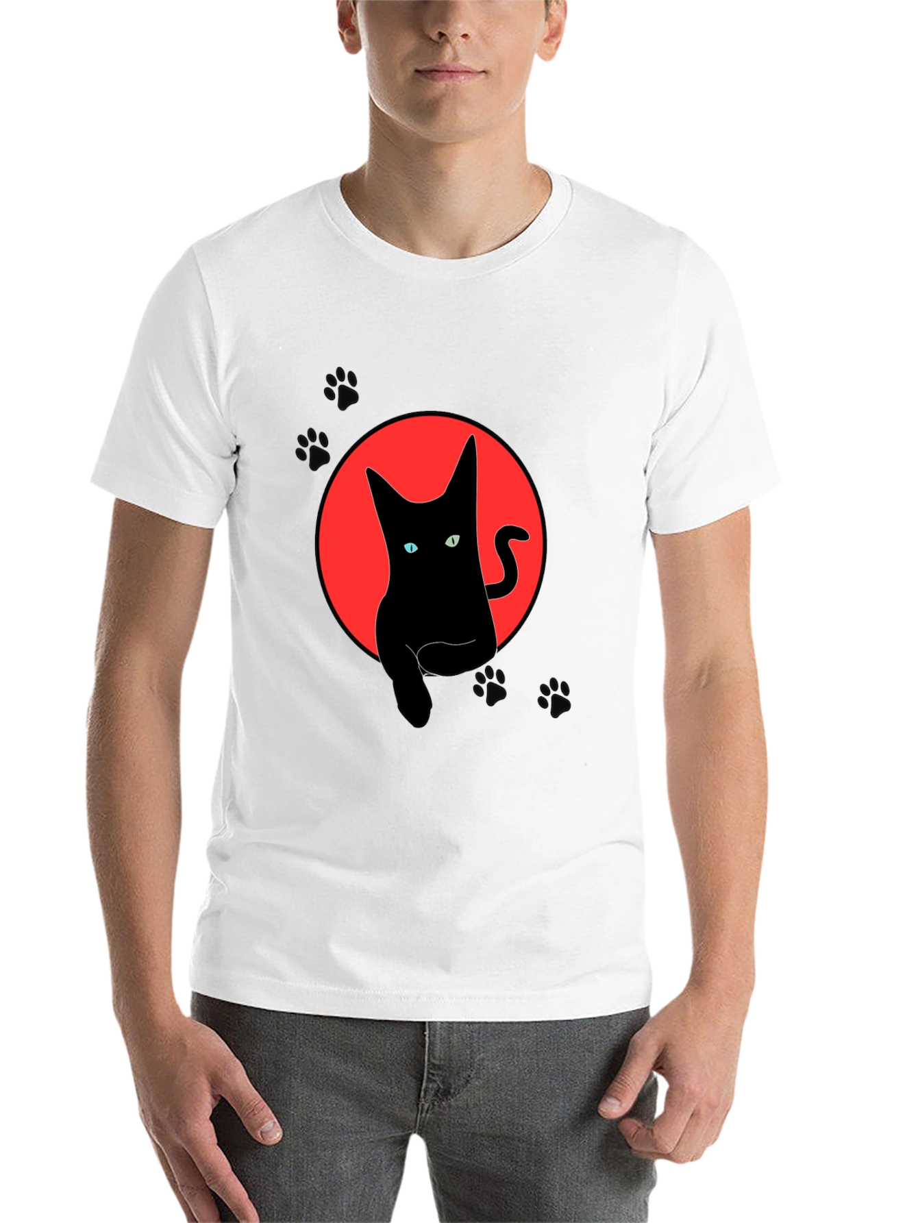 Black Black Cat Graphic Tee - Round Red Moon Design view 14