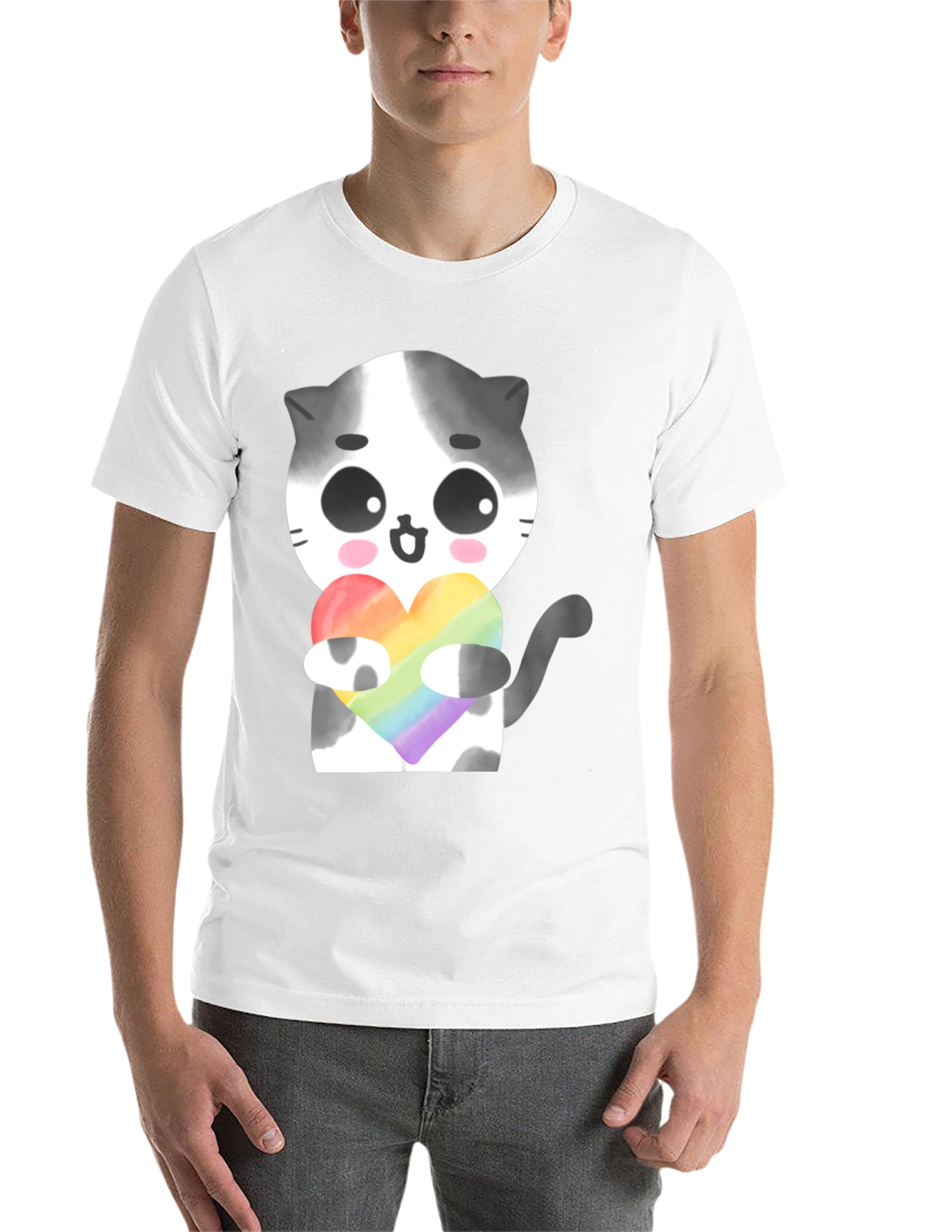 Black Cute Cat Holding Rainbow Heart T-Shirt view 14