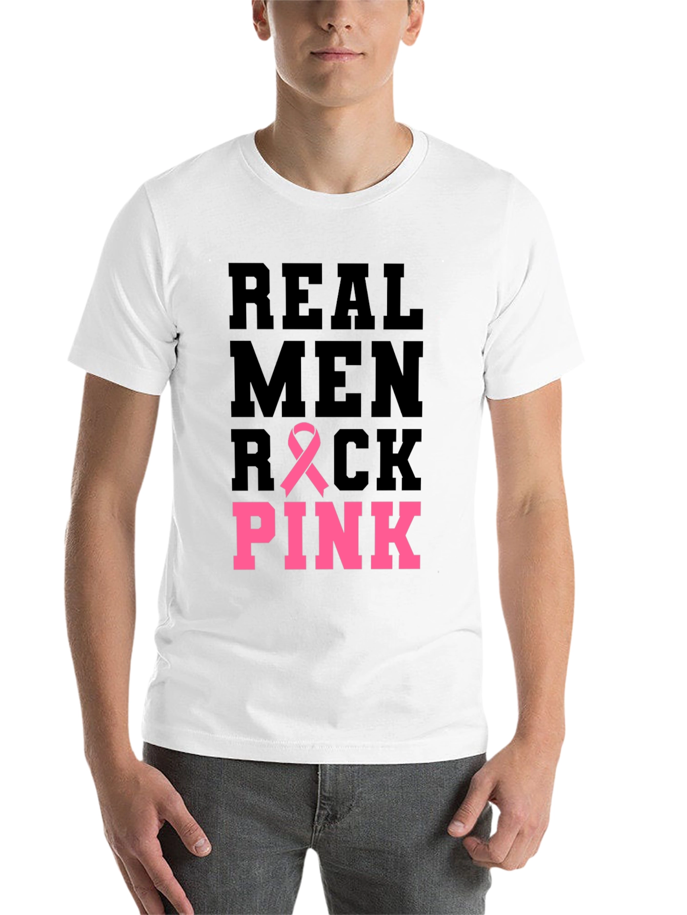 Black Real Men Rock Pink Breast Cancer Awareness T-Shirt view 14