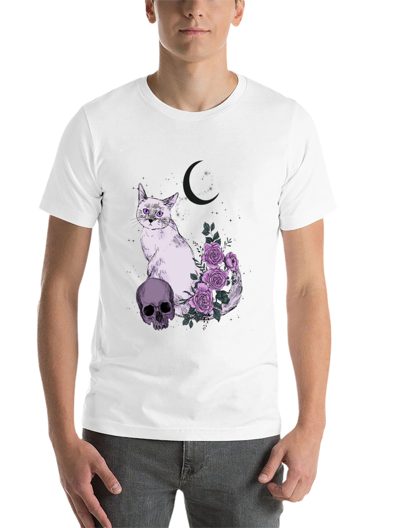 Black Gothic Cat Skull & Roses T-Shirt view 14
