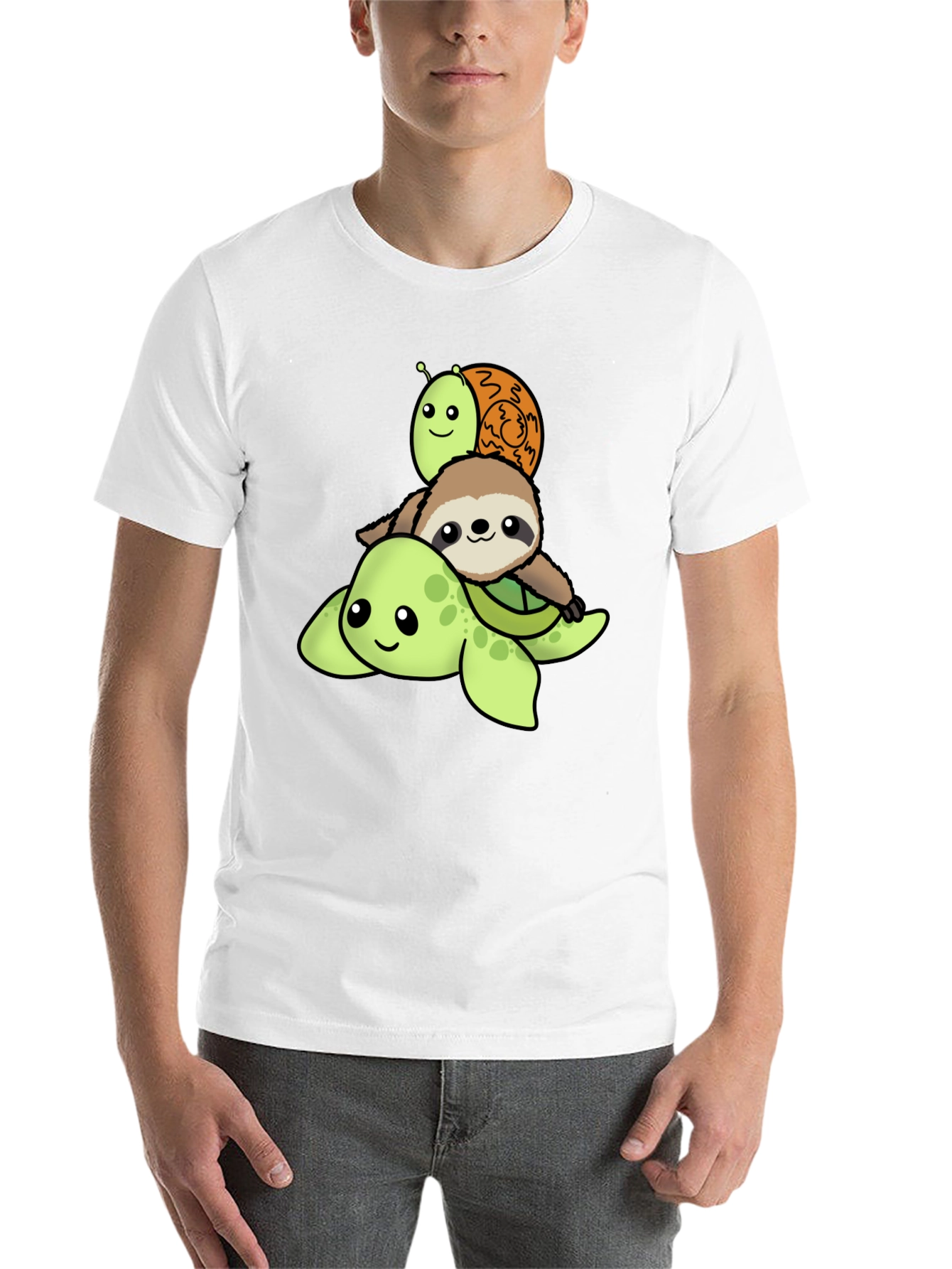 Black Turtle, Sloth, Snail Cartoon Stack T-Shirt view 14