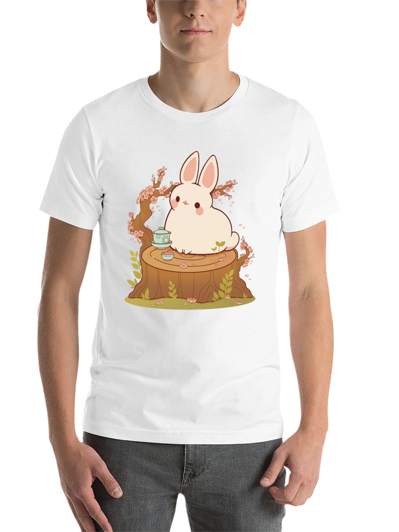 Black Cute Bunny and Tea Tree Stump Black T-Shirt view 14
