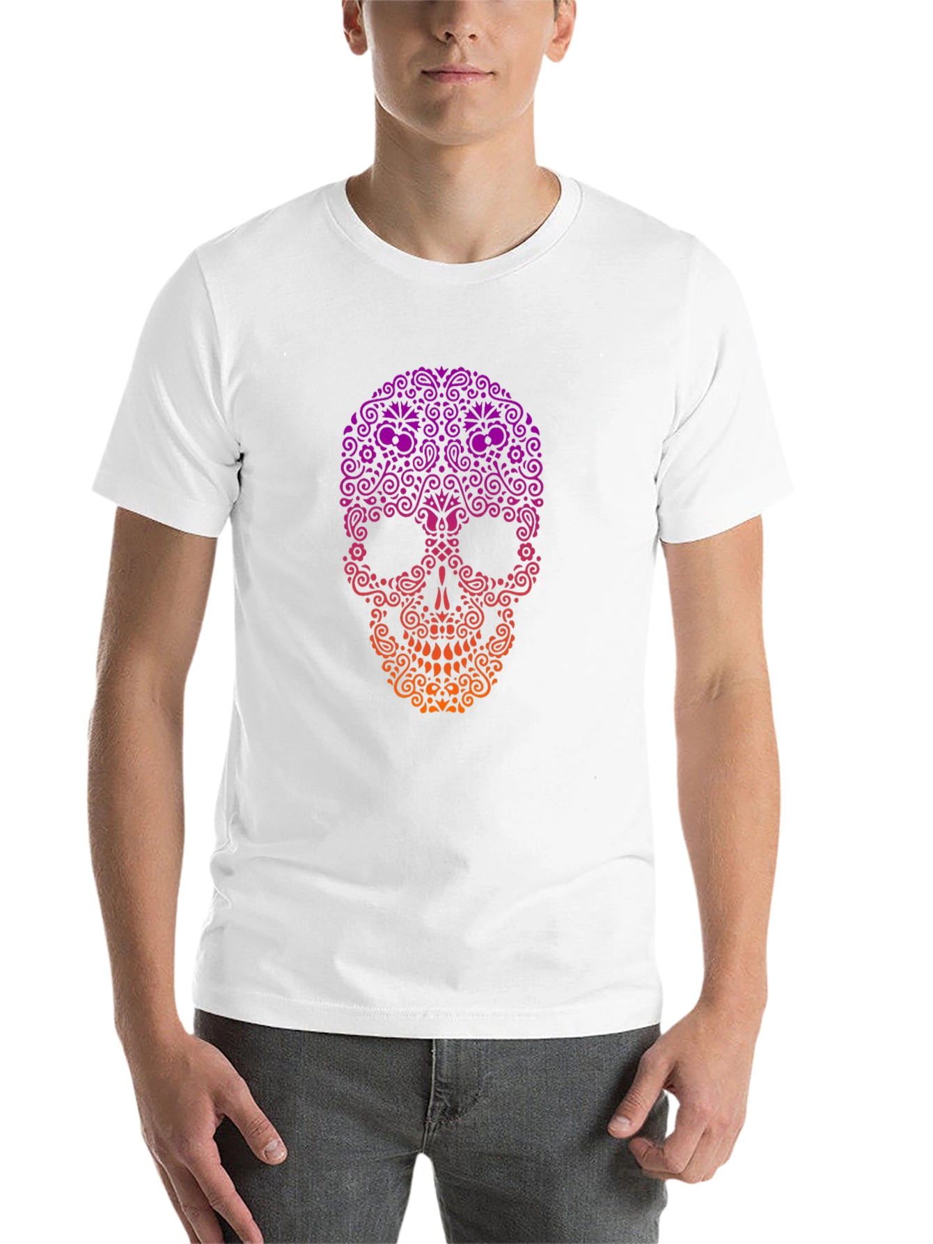 Black Ornamental Skull Graphic Tee - Black Cotton T-Shirt view 14