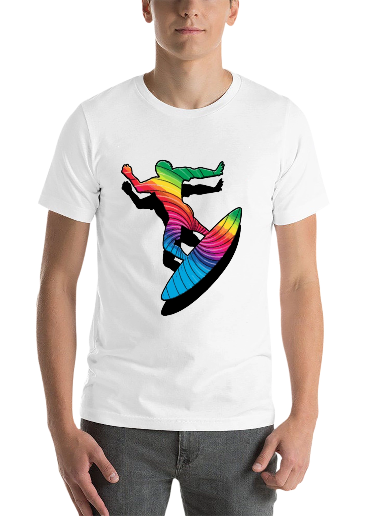 Black Rainbow Surfer Graphic Tee - Black Cotton T-Shirt view 14