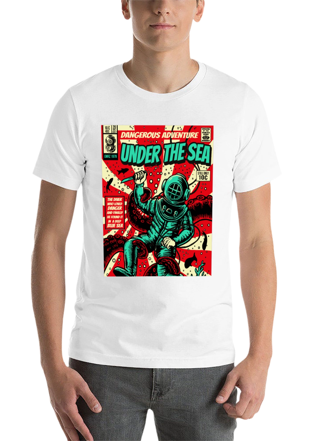 Black Under the Sea Comic Diver T-Shirt view 14