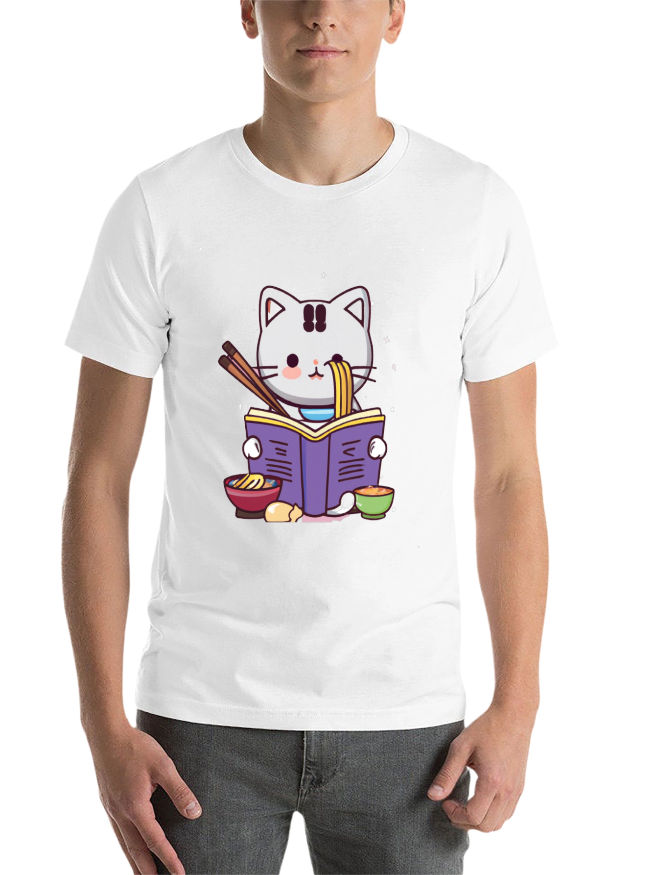 Black Ramen Cat Reading T-Shirt view 14