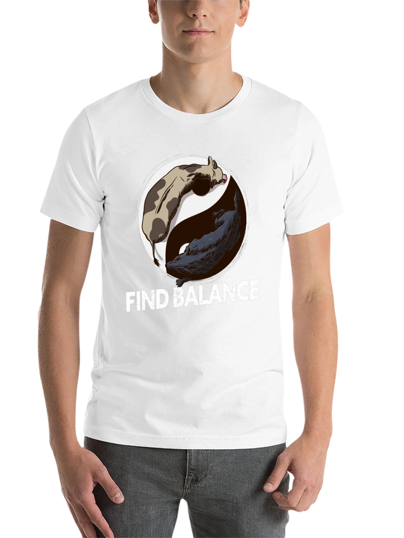 Black Find Balance Yin Yang Cow Wolf Graphic T-Shirt view 14