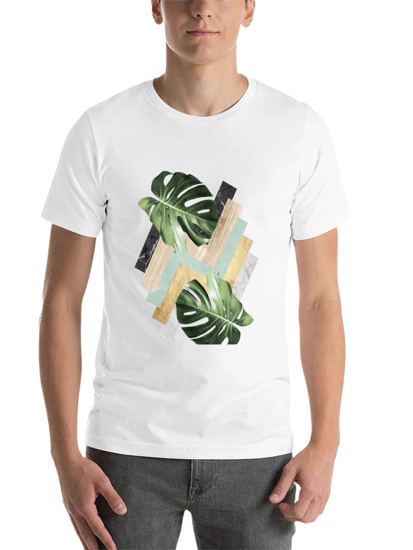 Black Tropical Leaf Geometric Print T-Shirt view 14