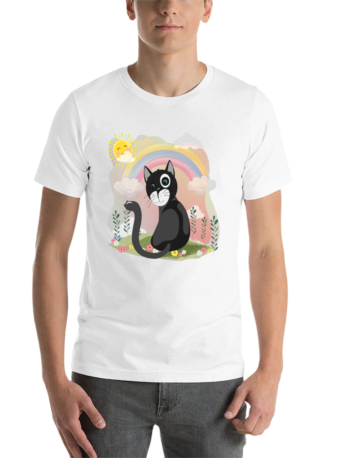 Black Whimsical Cat Rainbow T-Shirt view 14