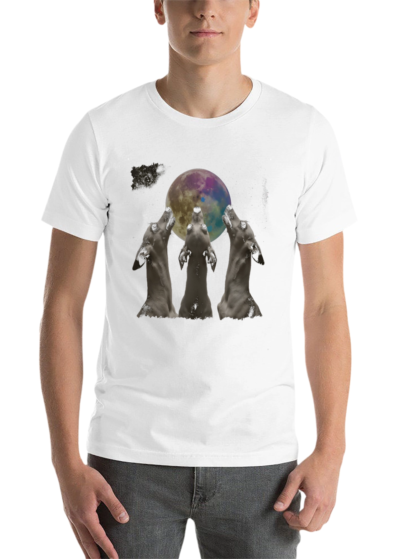 Wolf Howling at Moon Graphic Black T-Shirt - 14