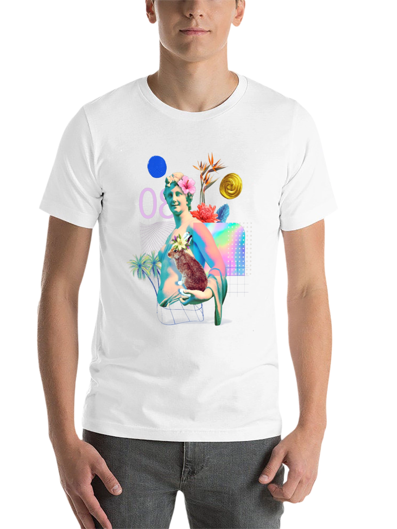 Black Statue & Rabbit Graphic T-Shirt - Unique Art Tee view 14