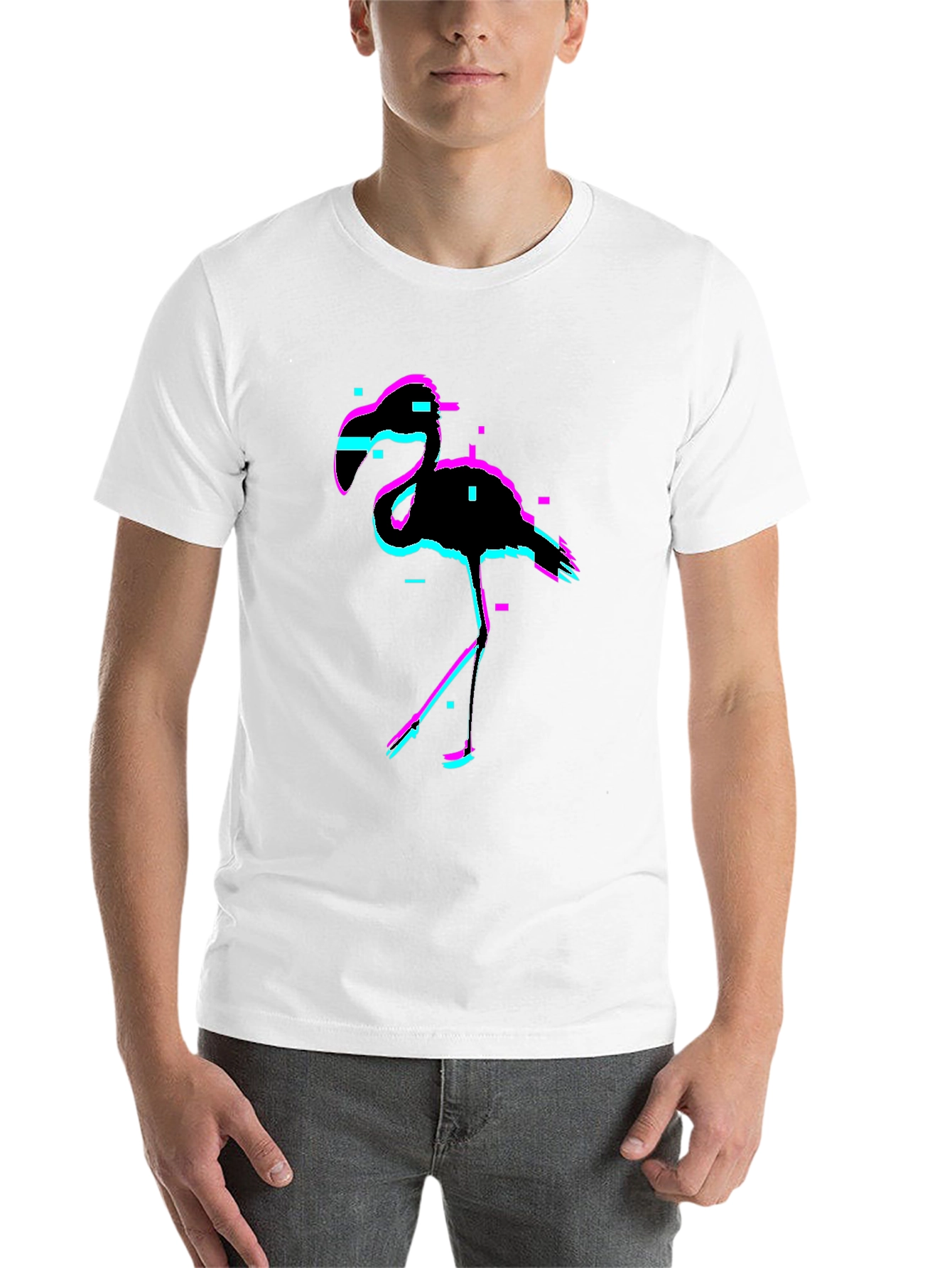 Black Glitch Flamingo Black T-Shirt view 14