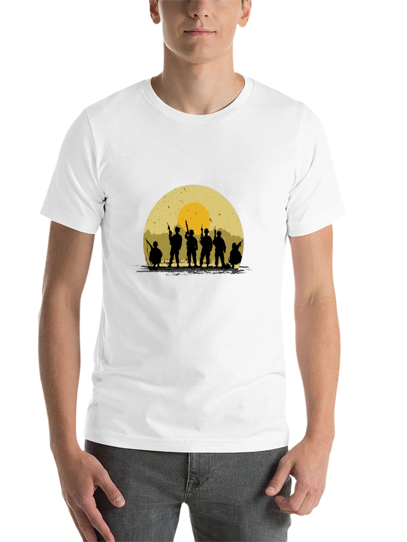Black Silhouette Soldier T-Shirt - Retro Sunset Design view 14