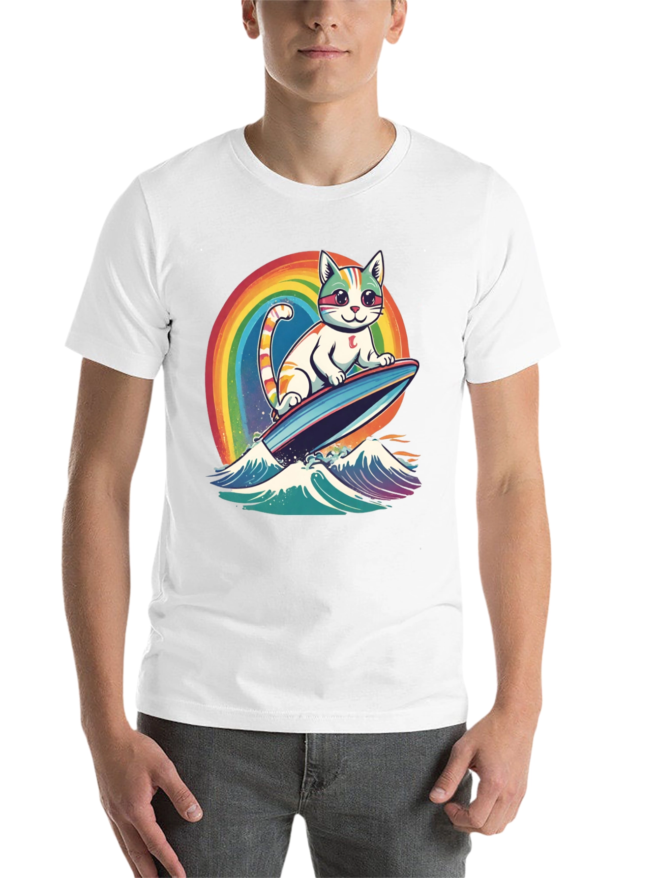 Black Surfing Cat Rainbow T-Shirt view 14
